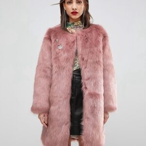 MANGO Pink Faux Fur Coat